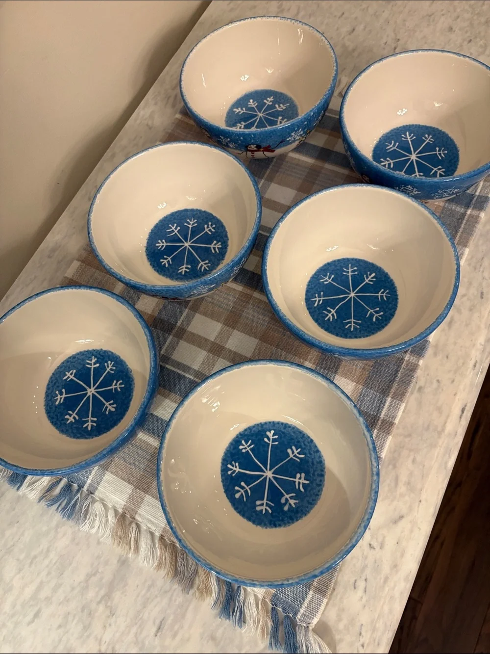 St. Nicholas Square 6 Button Up Blue Snowman Cereal / Soup Bowls Holiday